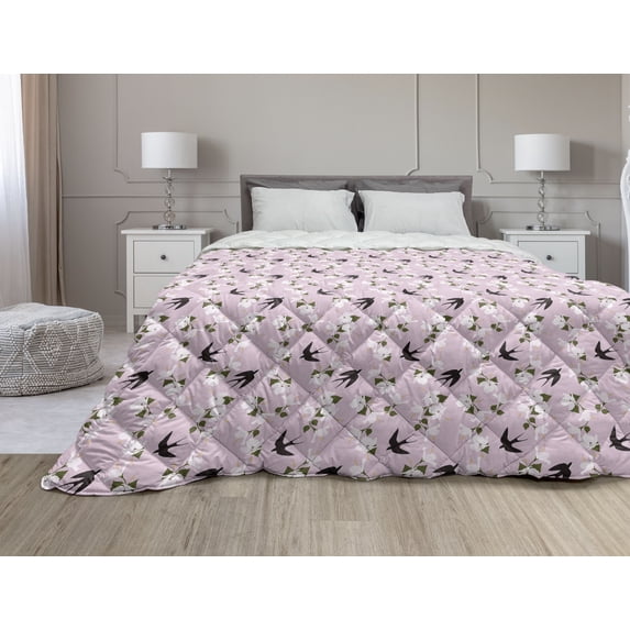 Dragonfly Down Alternative Comforter, Exotic Hibiscus Petals Rainforest Flowers Blossoming Tropic Spring, Microfiber Quilt for All Season, 5 Sizes, Pale Green and Multicolor, by Ambesonne