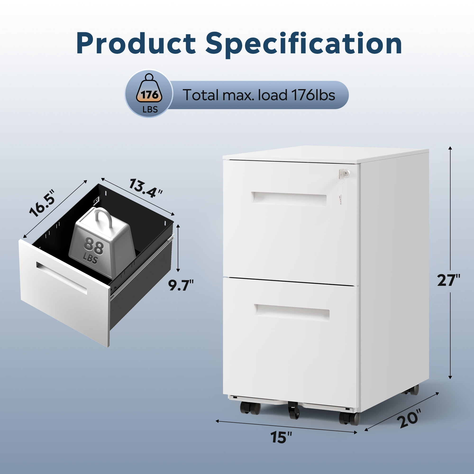 GALAXHERO 2 Drawer Mobile File Cabinet with Lock, Commercial Vertical Filing Cabinet for Home Office, White