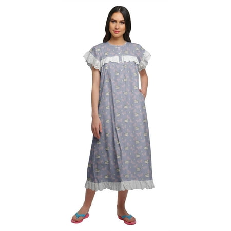 

Moomaya Printed WoMen s Button Placket Mid Calf Nightdress Cotton Nightwear