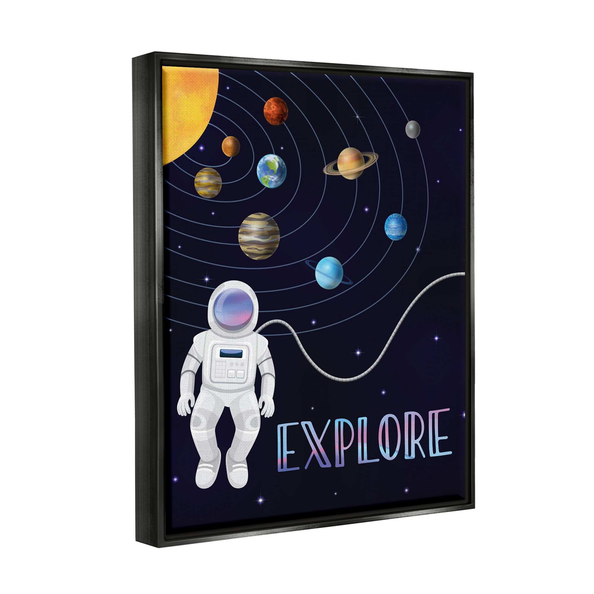 Stupell Industries Explore Outer Space Adventure Astronaut Among Planets Graphic Art Metallic Gold Floating Framed Canvas Print Wall Art, Design by Linda Birtel