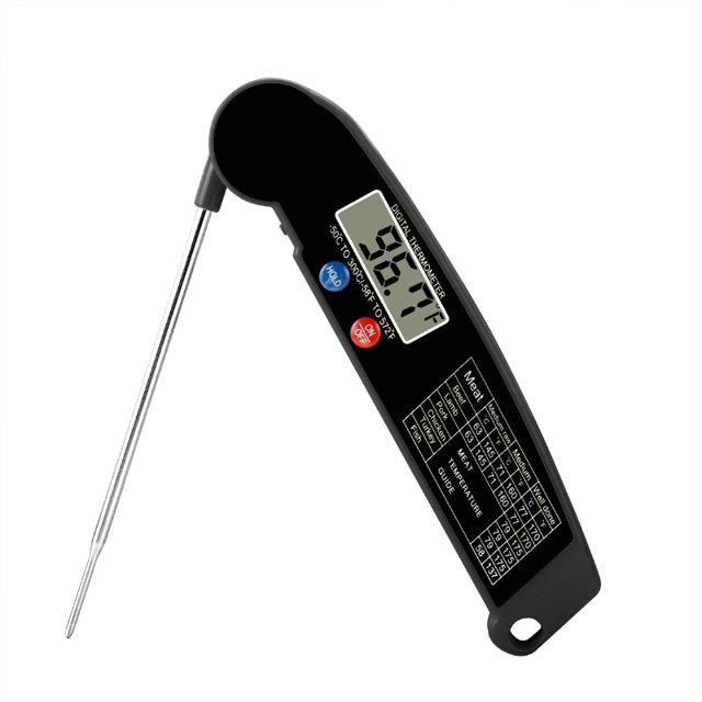 Termómetro de cocina, termómetro de cocina, termómetro de carne de lectura instantánea 3s, con pantalla de retroiluminación LED, sonda plegable, botón °C/°F, para carne, barbacoa, filete, aceite, leche, vino (negro) JM