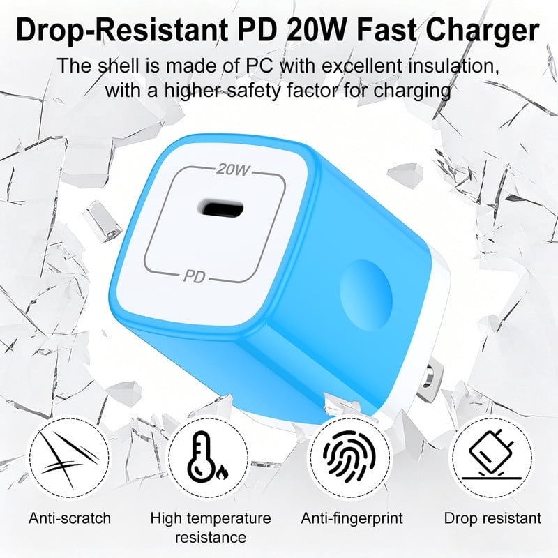 2 Pack PD 20W Fast Wall Charger Block, 20W Phone Charger with 6FT Type C Charger Block Cables, Compatible with iPhone 17/16/15 Pro Max iPad Pro Galaxy S26 Android,Blue