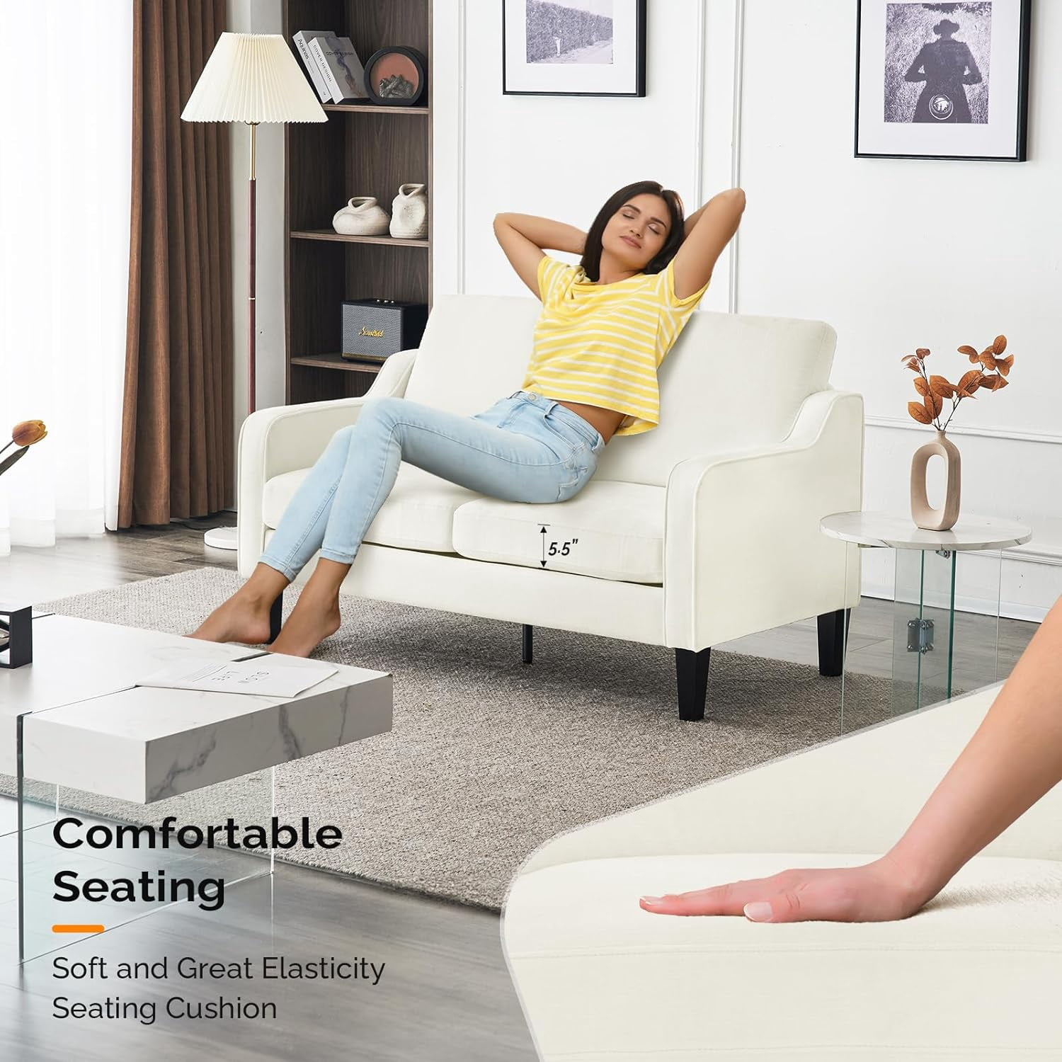 VINGLI Mid-Century Modern Compact Chenille Scooped Armrest Loveseat Sofa Couch, Creamy White