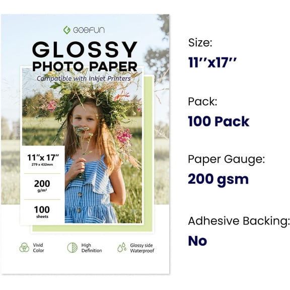 YUYAN-11x17 Photo Paper Glossy, 200 GSM/54 LB Photo Printer Paper for Inkjet Printer and Dye Ink,100 Sheets