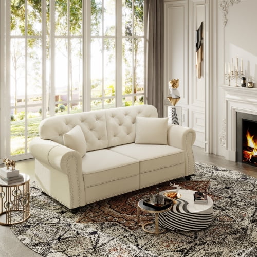 63" Velvet Fabric Comfy Loveseat, 2 Seater Couch with Rolled Arms, Loveseat Sofa Couch with Nailhead Trim for Living Room, Beige White