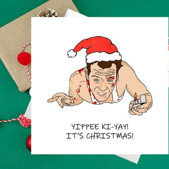 Funny Christmas Card – “Yippee Ki-Yay! It’s Christmas!” – Humorous Holiday Greeting with Iconic Character Design – Blank Inside, Envelope Included