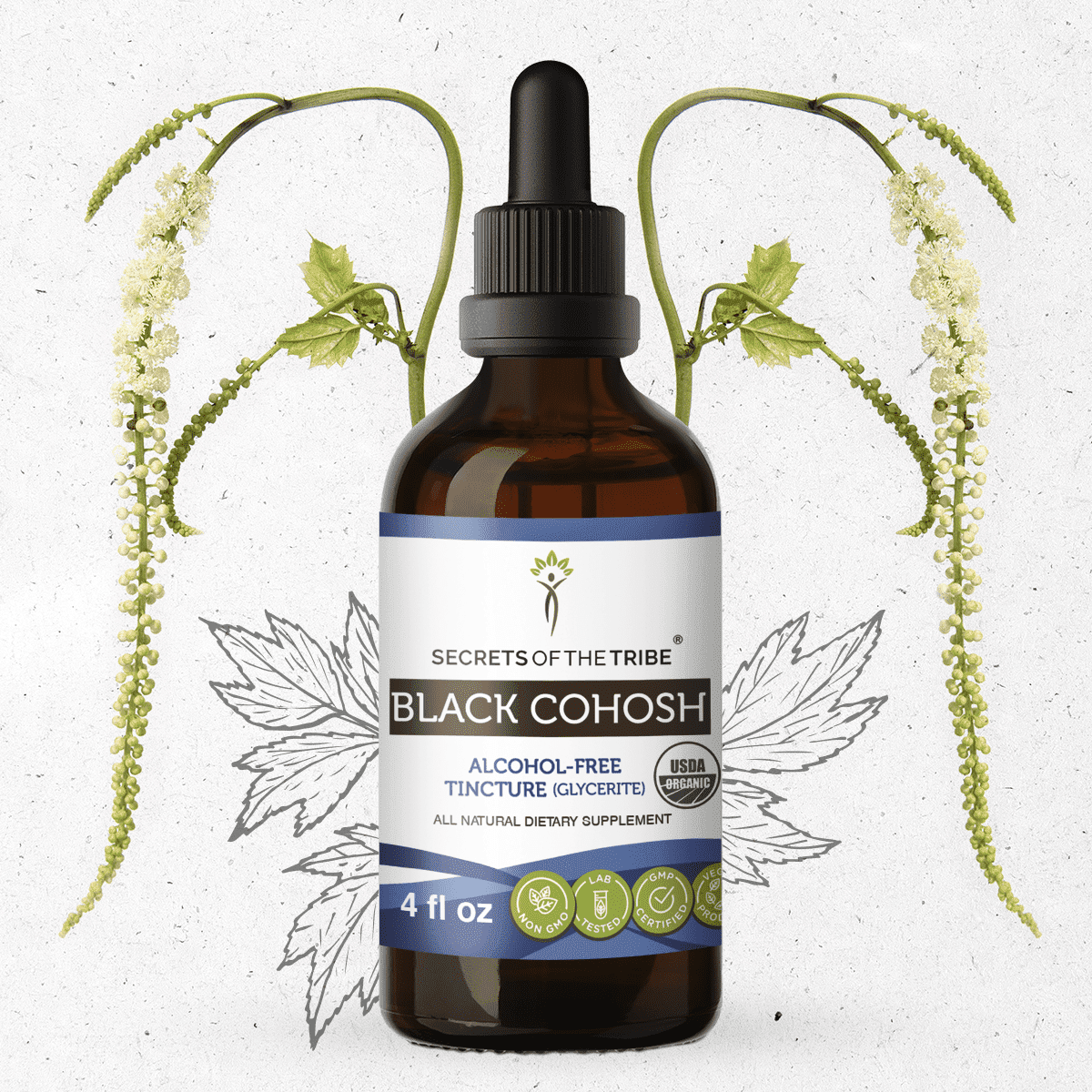 Secrets Of The Tribe Black Cohosh Organic Dietary Supplement, Natural Herbal Tincture for Hormonal Support, Certified Organic Black Cohosh (Cimicifuga racemosa) Dried Root, Alcohol-Free Extract, 4 oz