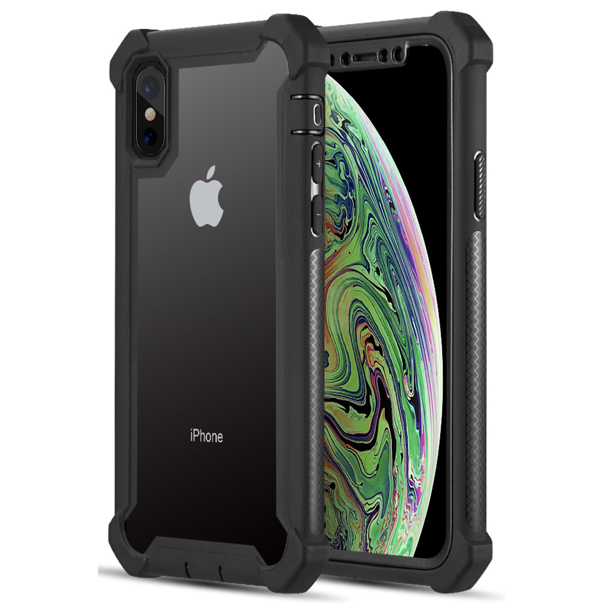 Case for iPhone X/Xs, Nakedcellphone Rugged TPU Rubber Cover [100% Transparent Clear Acrylic Hard Backside] Hybrid Anti-Shock Skin [with Port Covers] for Apple iPhone X/Xs/10/10s