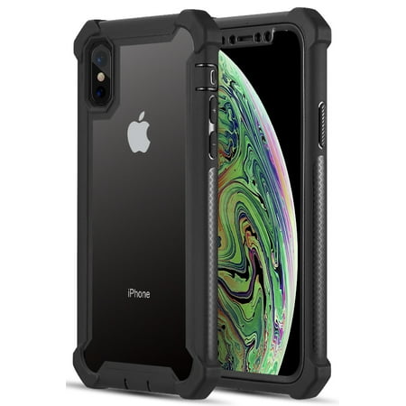 Case for iPhone X/Xs, Nakedcellphone Black Rugged TPU Rubber Cover [100% Transparent Clear Acrylic Hard Backside] Hybrid Anti-Shock Skin [with Port Covers] for Apple iPhone X/Xs/10/10s