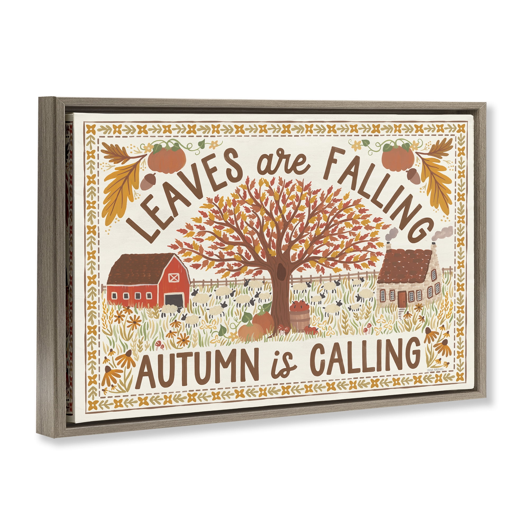 Stupell Industries Leaves Are Falling Scene Landscape Painting Brown Floater Framed Canvas Art Prints Wall Art, 25 x 17