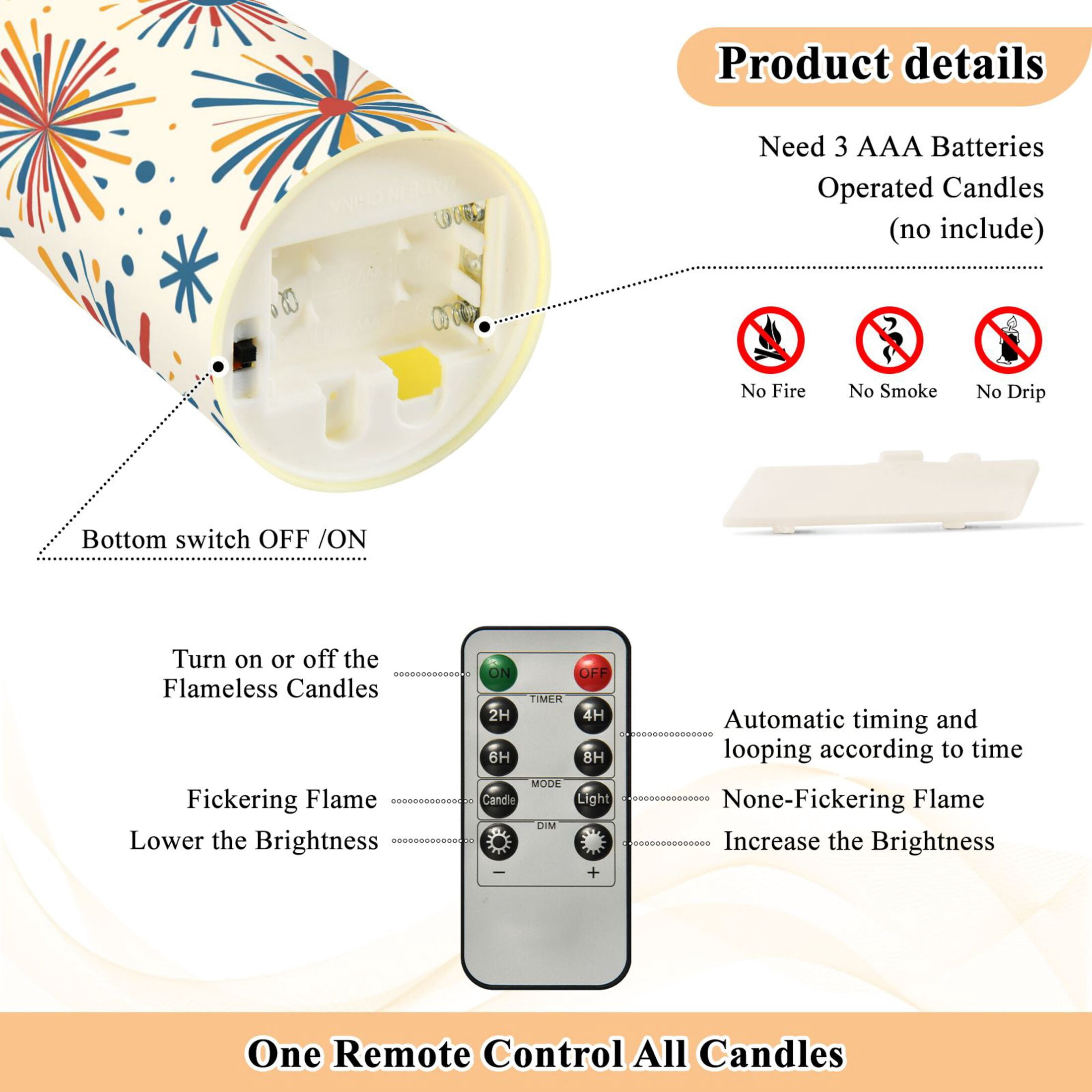 Cartoon Colorful Fireworks Flickering Flameless Candles with Remote Timer Battery Operated LED Tealight Set of 2 M
