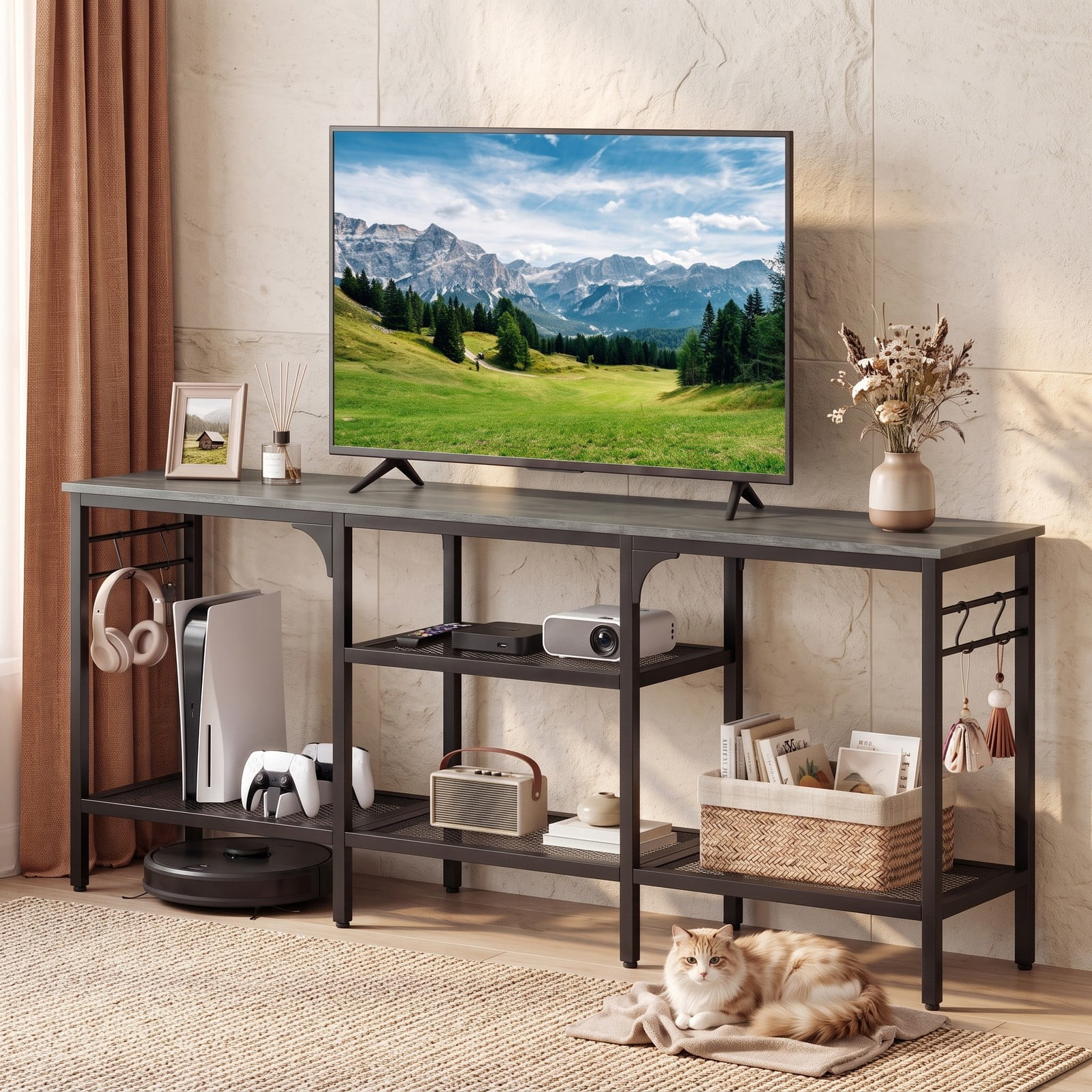 Furnibear TV Stand for TVs up to 65 Inch, 3-Tier Open Shelf Entertainment Center with 4 Hooks, Metal Frame Media Console Table for Living Room Bedroom, Oak & Black