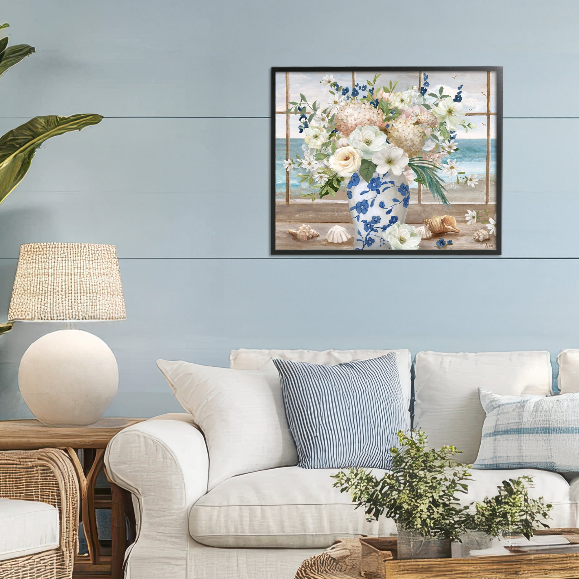 Stupell Industries Seashells & Flowers Windowsill Black Framed Giclee Art, design by Nan
