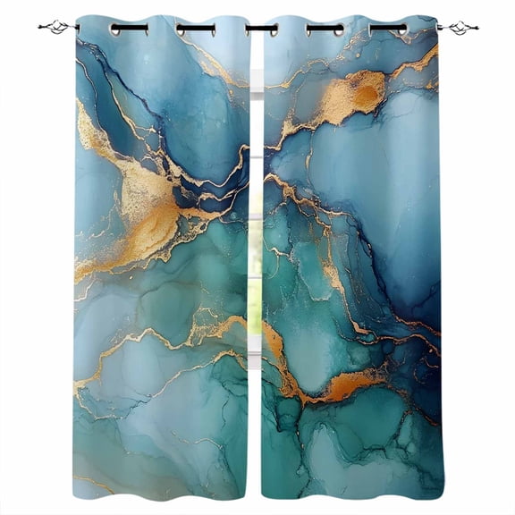 Turquoise Blue Blackout Curtains 54 Inches Long for Bedroom, Modern Teal Gold Marble Textured Thermal Insulated Room Darkening Black Out Window Curtain Panels Grommet Drapes for Living Room