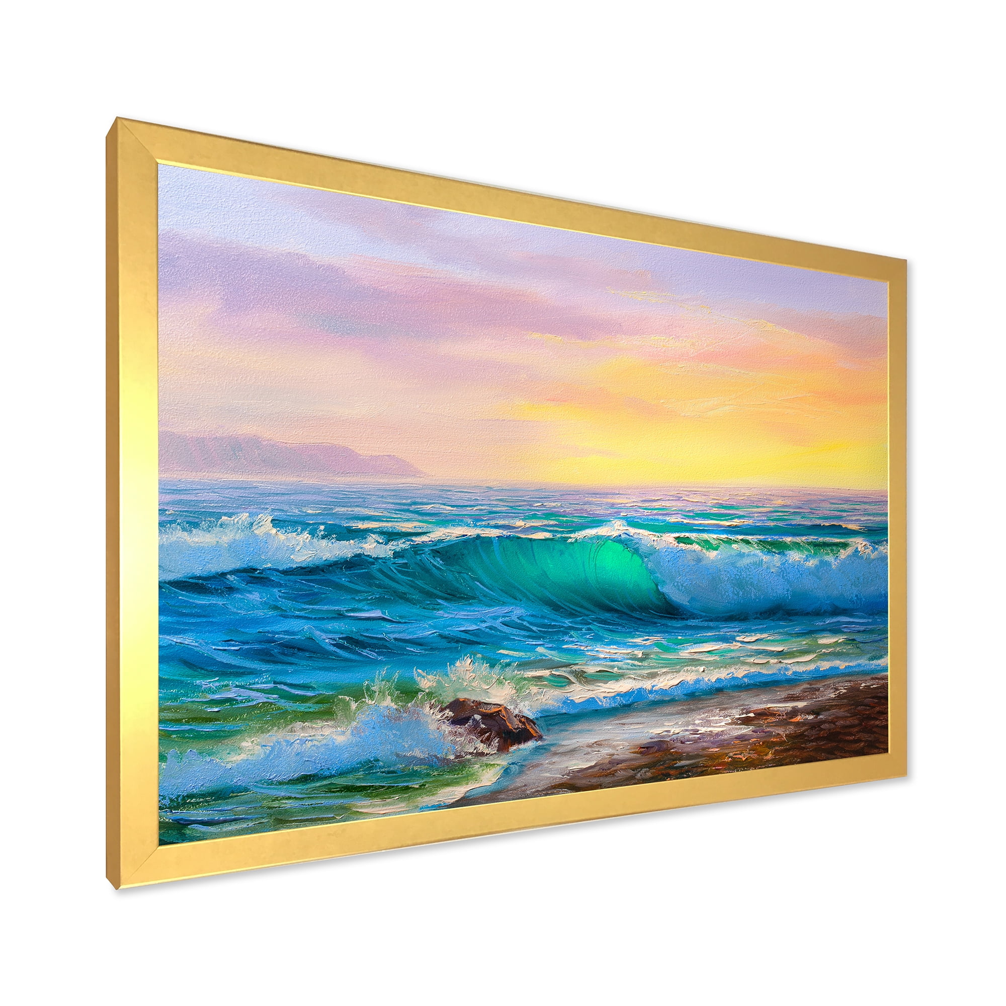 Designart 'Blue Waves Breaking At The Beach Landscape IV' Nautical & Coastal Framed Art Print