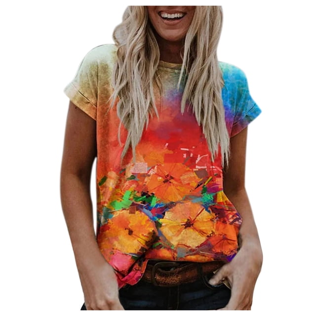 Pompotops Femmes Été Mode Manches Courtes O-Cou Impression Chemise Décontractée T-shirt Tops