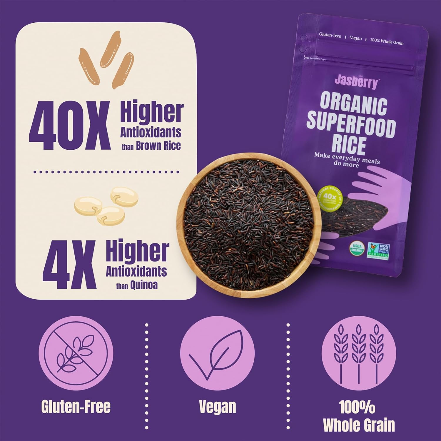 Jasberry - Organic Superfood Rice, Soft & Aromatic Whole Grain Purple Rice, 15 oz, 3 Pack