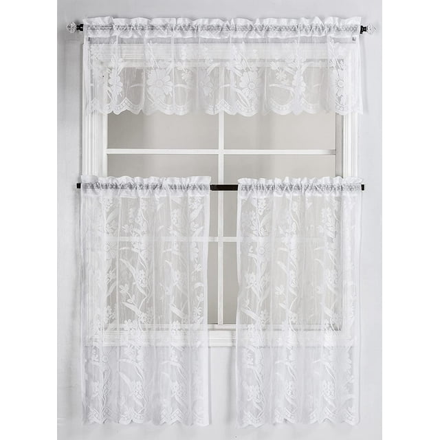 Kitchen Curtain Lace 3pc Set (Includes 2 Tiers and 1 Valance) by ATI (White)