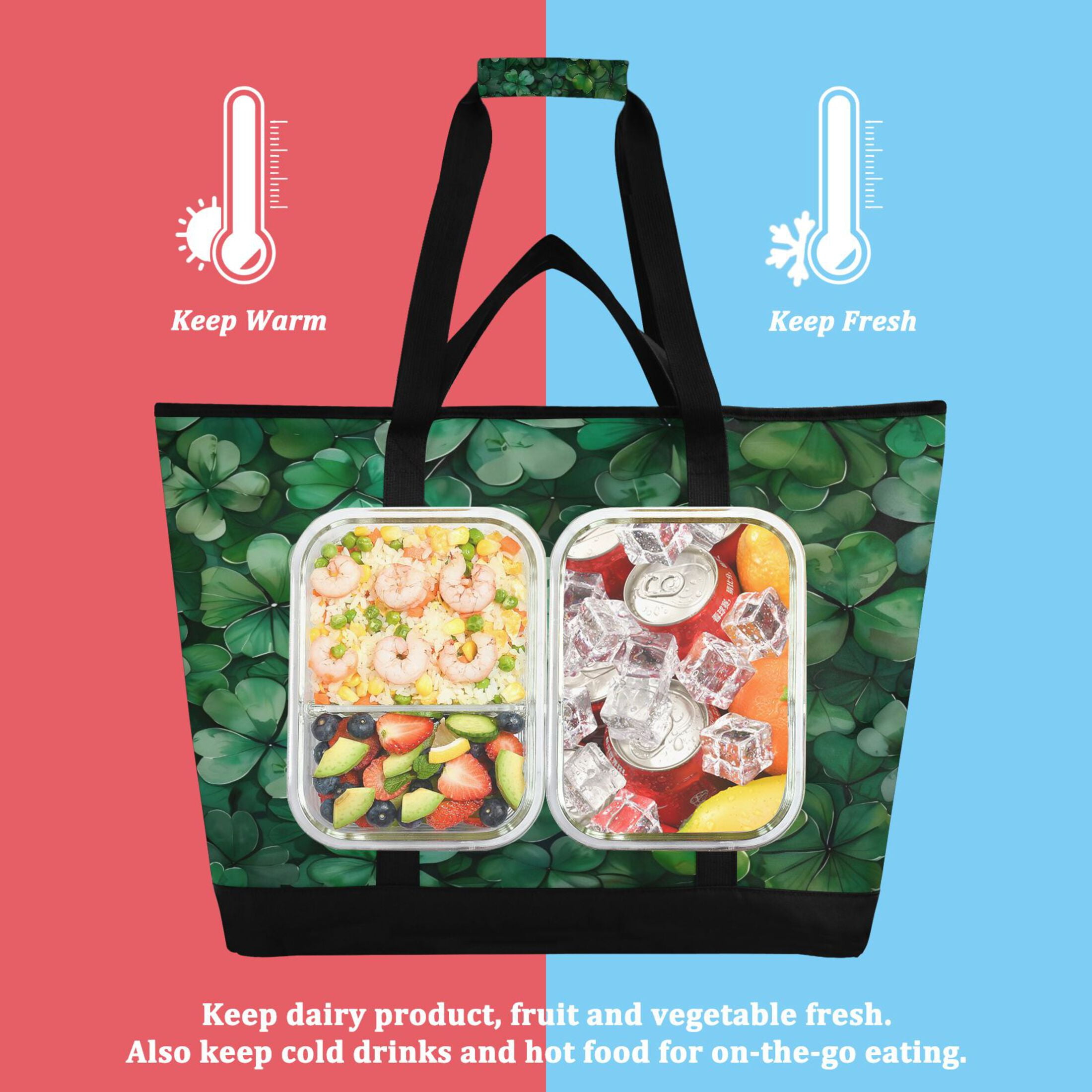 Large Hand-held Ice Pack Picnic Bag Insulation and Refrigeration Suitable for Shopping Picnics and Camping Four-leaf Clover