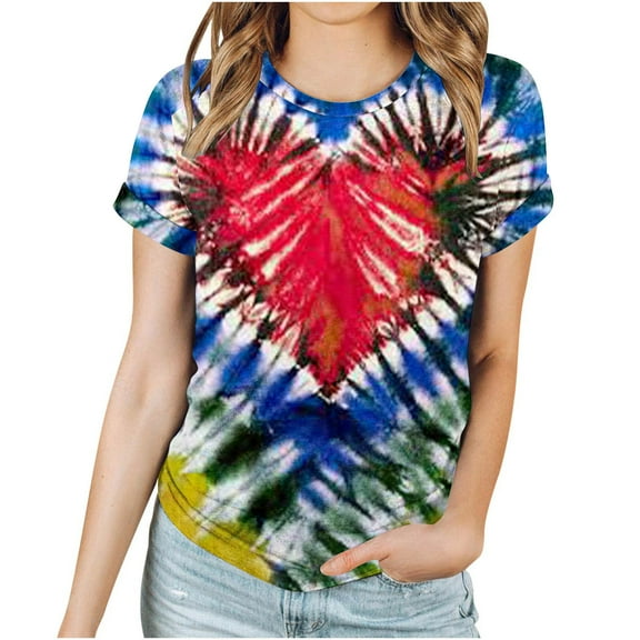 ShomPort Tie Dye Print Tunic Tops for Womens Short Sleeve Round Neck Trendy Spring Summer Tops
