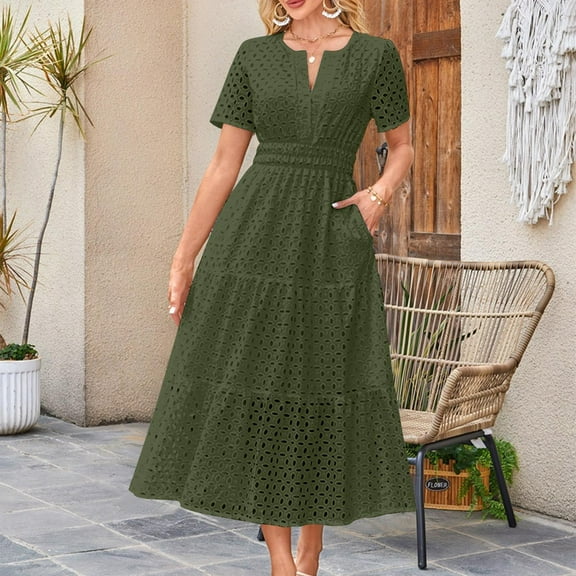 ClodeEU Womens 2025 Summer Maxi Dress ,Short Sleeve V Neck Dresses ,Hollow Out Eyelet A Line Long Dresses Army Green,Womens Plus M