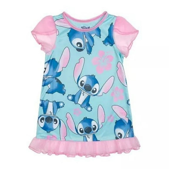 Disney Stitch Toddler Girl's Satinet and Tulle Aqua Blue, Pink Nightgown (Size 3T)