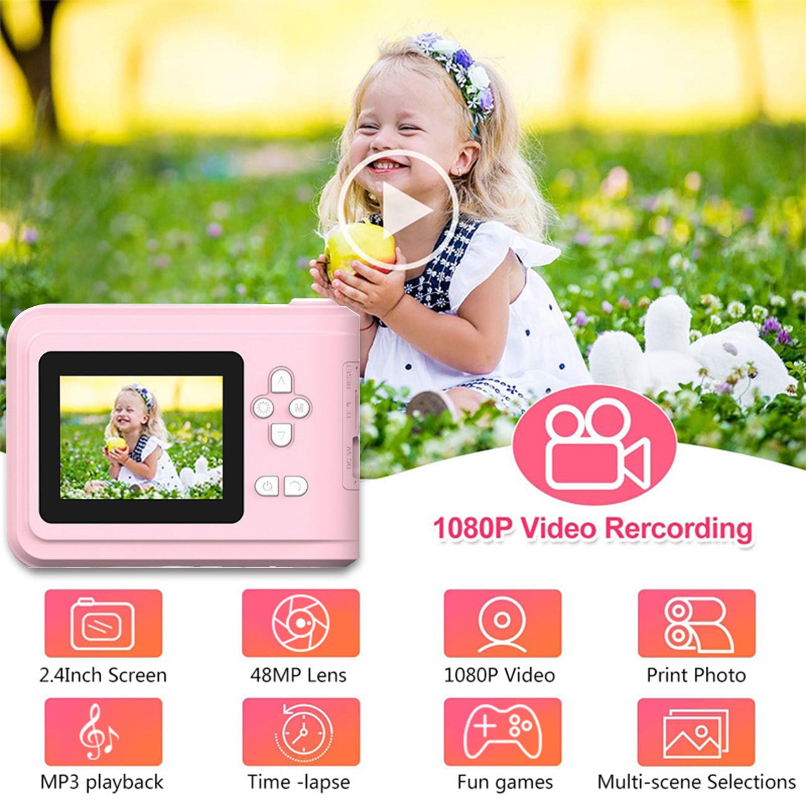 Ikohbadg Kids Instant Print Camera with HD Video and Coloring, Children's Photo Printer Camera for Holiday Toys, Portable Kids Picture Printer with One Click Printing