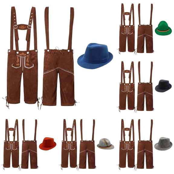 XIAOCHA Men's Suede Lederhosen Matching Hat Suspender Shorts Oktoberfest Knee Length Pants,Blue,Sizes L