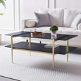 thumbnail image 3 of Rectangle Coffee Table Mid-Century Modern Design L W x H for Living Room - Structure Amber Glass Top and Walnut MDF Shelf Sleek Conical Metal Legs with Gold Finish, 3 of 9