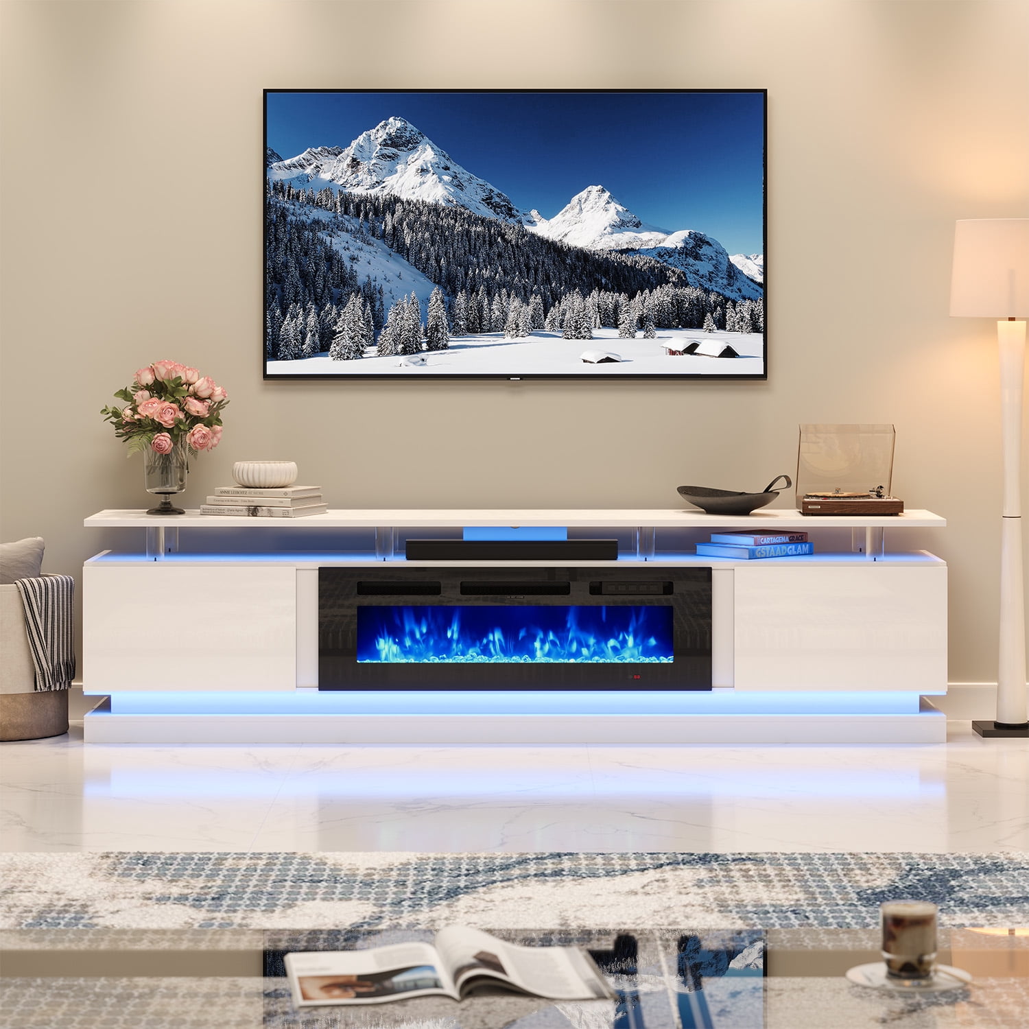 BaPiPro 80" Fireplace TV Stand for TVs up to 90", Modern Entertainment Center TV Console with Storage for Living Room, White TV Stand and Black Fireplace