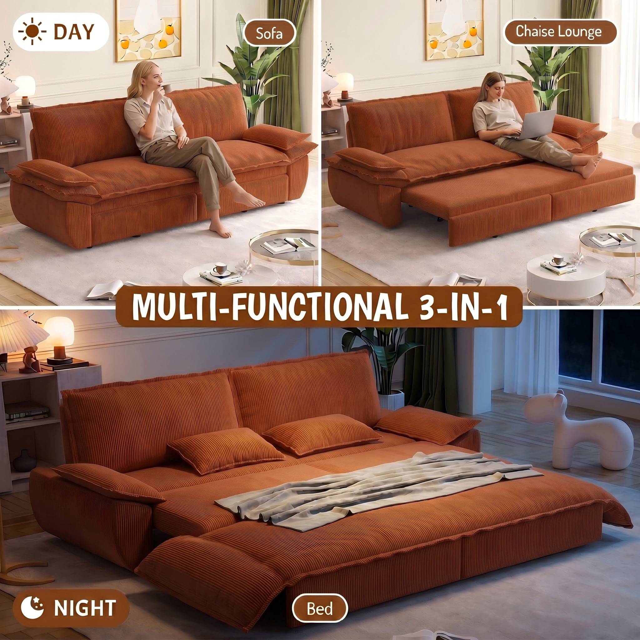 Multi-Functional Corduroy Convertible 3-in-1 Sofa Bed, Queen Size Loveseat Sleeper Couch, Orange