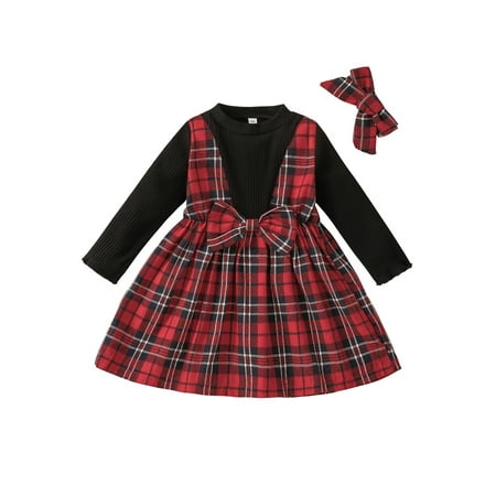 

Baby Girl Autumn Dress Plaid Print Long Sleeve Crew Neck Fake Two Piece Patchwork A-Line Dress + Bow Hairband