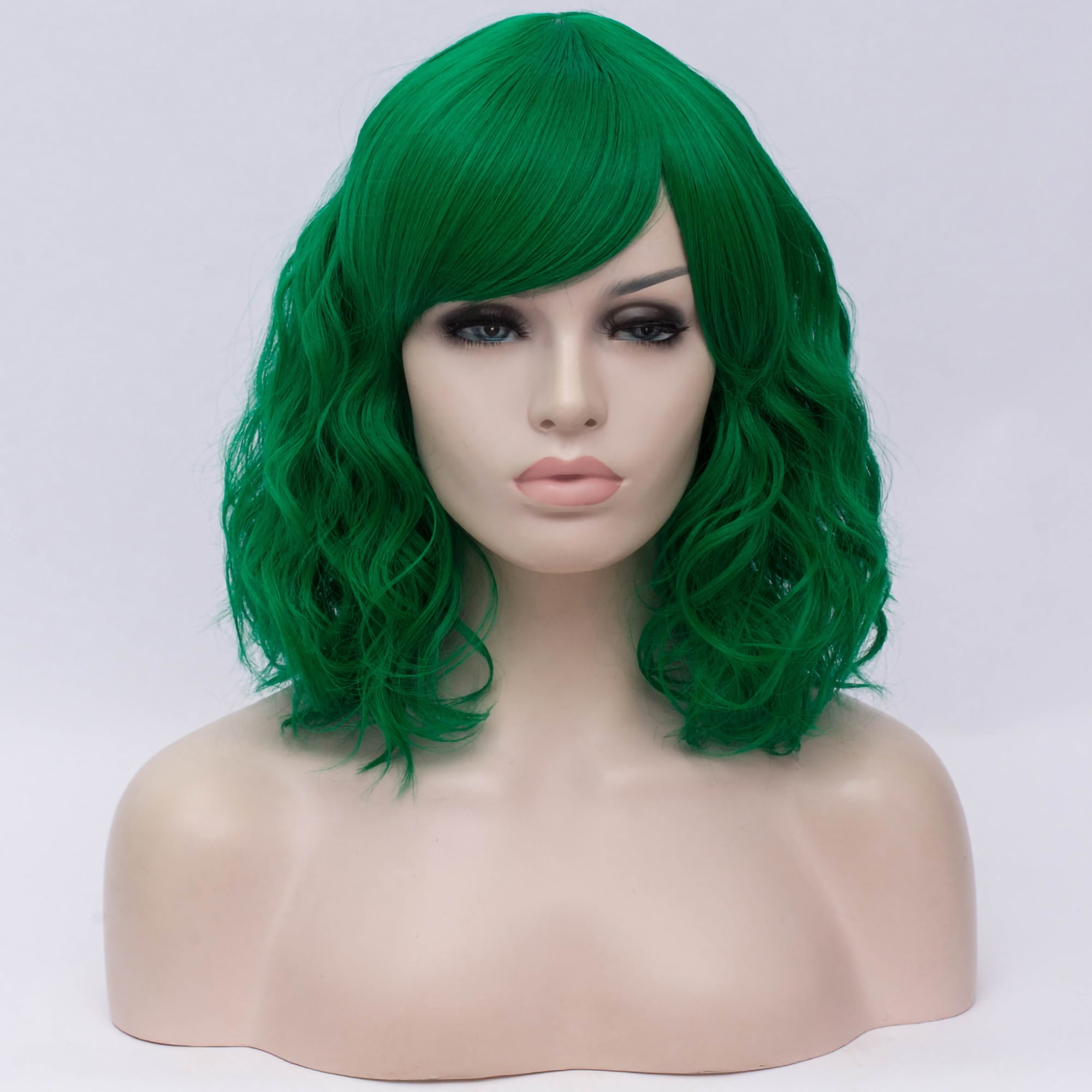 Unique Bargains Human Hair Wigs for Women Lady 14" Green Curly Wig Cap Fluffy Curly Wavy