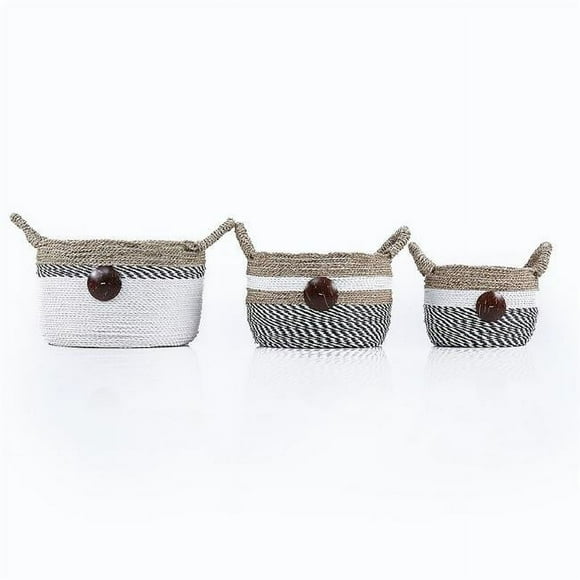 Baum 2A063K Raffia & Seagrass Storage Basket with Coco Buttons & Ear Handles - Set of 3