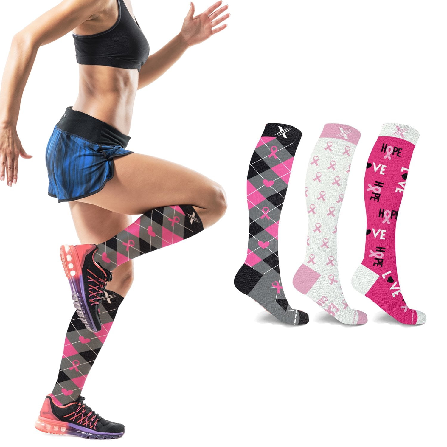 Cancer Awareness Compression Socks - Knee High Socks for Running - 3 Pair