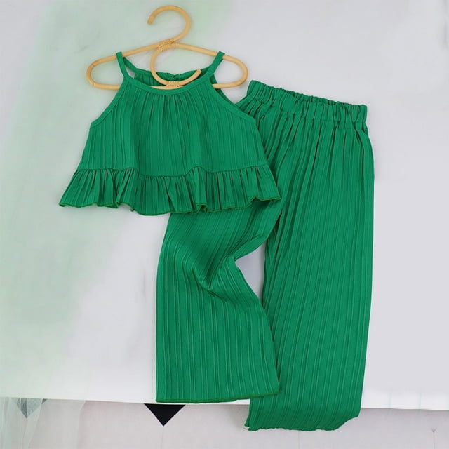 New Release,Children's Camisole Top & Pants Set, Solid Color, Elastic Waist, Wide Leg, Comfortable, Everyday Wear, Versatile, Easy Care Comfortable and Supportive|100%Polyester,Green