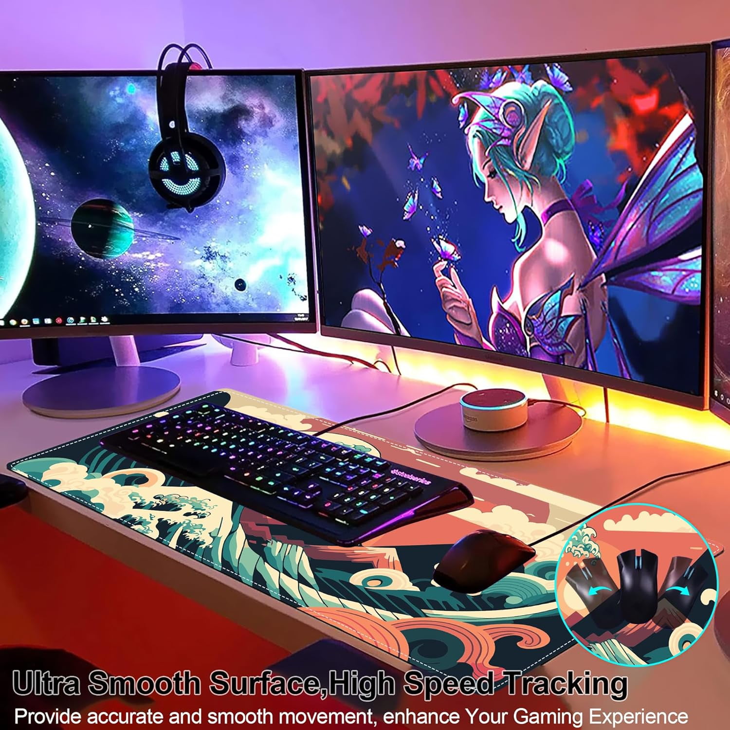 Gaming Mouse Pad, Japanese Sea Wave Sunset on Cloud Extended Large Desk Mat, Big Computer Keyboard Desk Pad, Stitched Edges Mousepad, 31.5 x 11.8 Inch Waterproof Desk Pad for Office Home