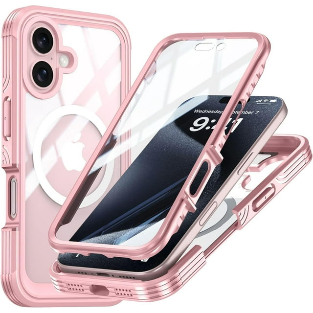 Case for iPhone 16,Full-Body Rugged Protective Clear Back Hybrid Magnetic Wireless Charging TPE PC with Built-in Screen Shockproof Protector Phone Case for iPhone 16,6.1 inch 2024