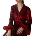 thumbnail image 3 of Oplxuo Women's Feather Trim Velvet Robe Long Belted Sleepwear Elegant Kimono Bride Wedding Party Bachelorette Bathrobe, 3 of 5