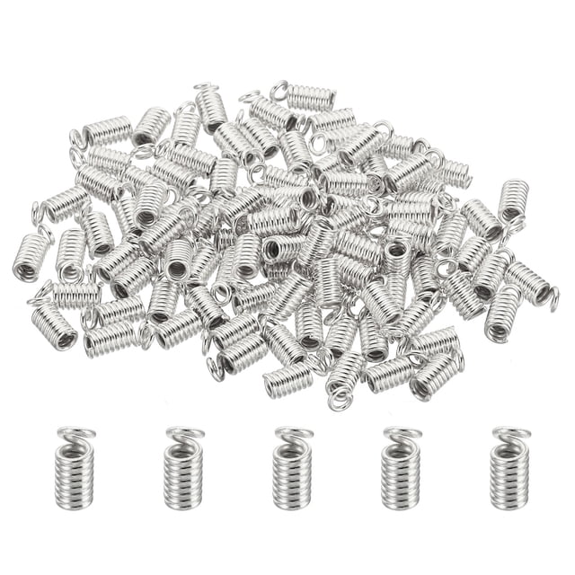 Unique Bargains Embouts de Cordon, 100 Pcs 3.5x8.5mm Embouts de Ressorts Métalliques Extrémités à Ressorts Argent Blanc