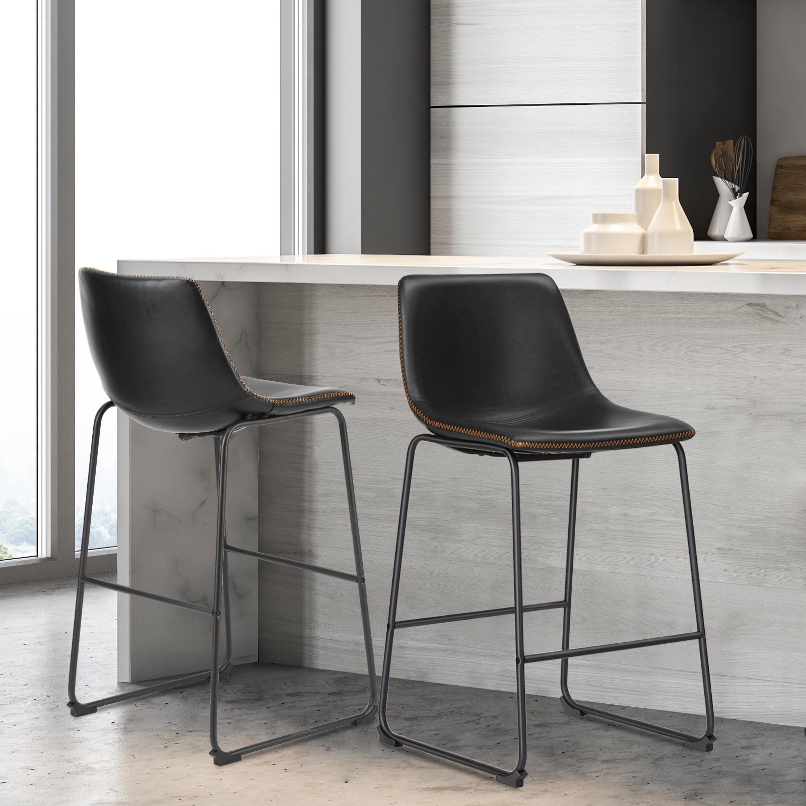 GIANNA 2 pcs 30" Bar Height Barstools, Modern Faux Leather, With Metal Legs, Footrest, For Dining Room Kitchen Island, Black