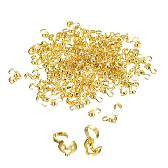400Pcs Open Bead Tips Knot Covers, Metal Clamshell Crimp Fold-Over Calotte Ends Caps (4mm/0.16 Inch Cup, Gold)