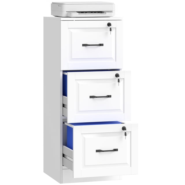 HOMCOM 3 Drawer File Cabinet with Lock, Vertical Filing Cabinet, White