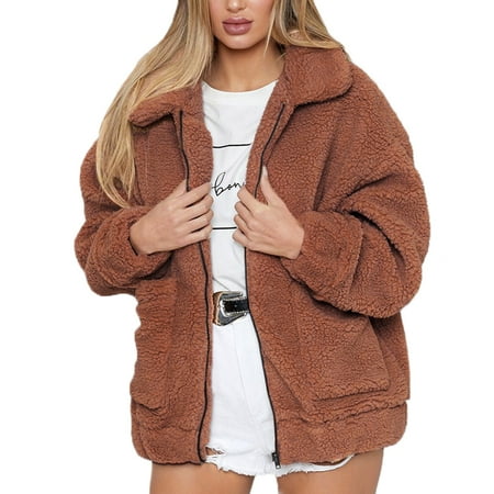 The North Face Fleece Parka - Fashion Women Warm Long Sleeve Faux Fur Lapel Thick Top Parka Casual Fleece Zipper Open Front Winter Cardigan Outwear Coat Jacket