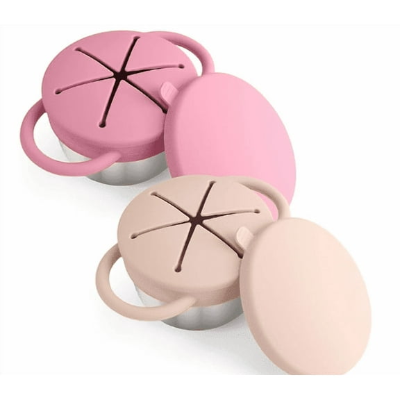 Qianwei 2-Pack Stainless Steel Snack Containers for Toddlers with Spill-Proof Silicone Lids & Handles - 3-in-1 Baby Snack Cups, No-Spill Toddler Snack Box, Perfect for On-The-Go Healthy Eating