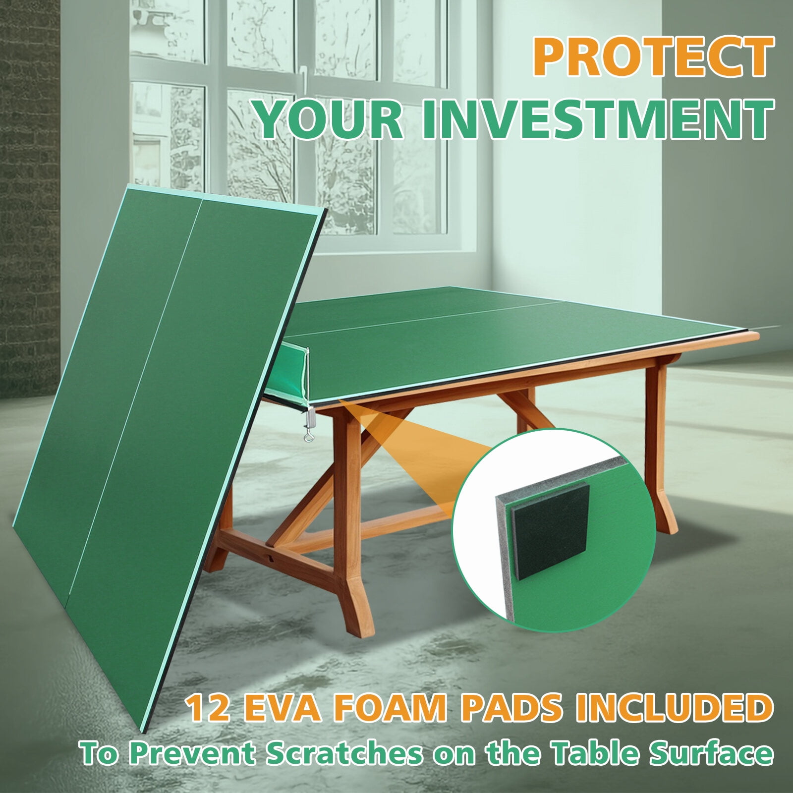 7x4ft Green Ping Pong Table Top - 12mm MDF Foldable Conversion Top with Net for Indoor Table Tennis Games