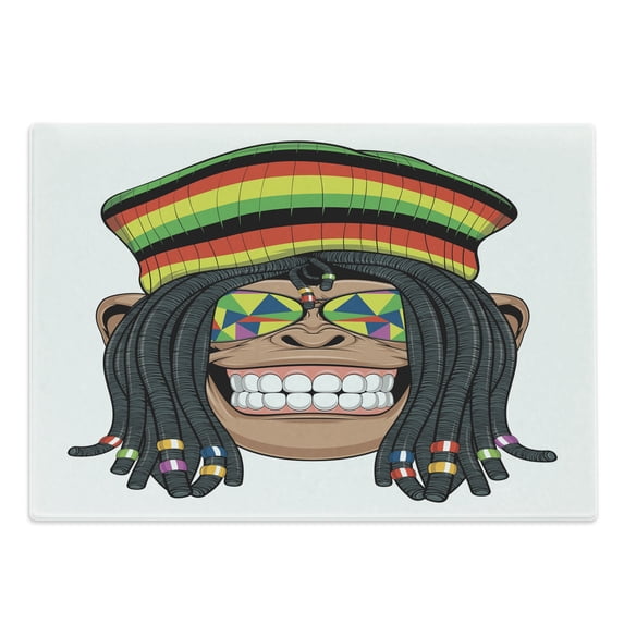 Tropical Animals Cutting Board, Portrait of Chimpanzee with Dreadlocks and Cap Hippie Musician Monkey Boho, Decorative Tempered Glass Cutting and Serving Board, Large Size, Multicolor, by Ambesonne