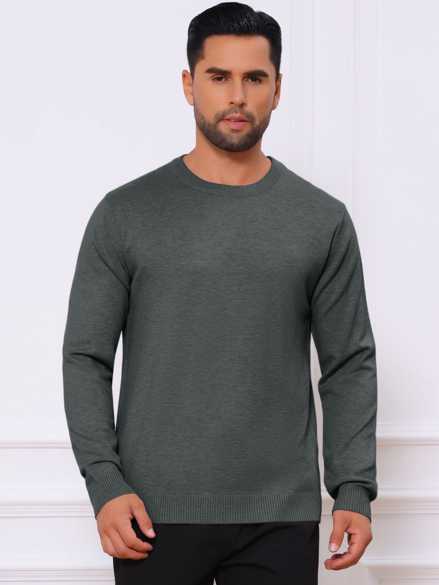 DARING DIVA Men's Solid Crew Neck Long Sleeve Soft Knit Pullover Sweater L Dark Gray