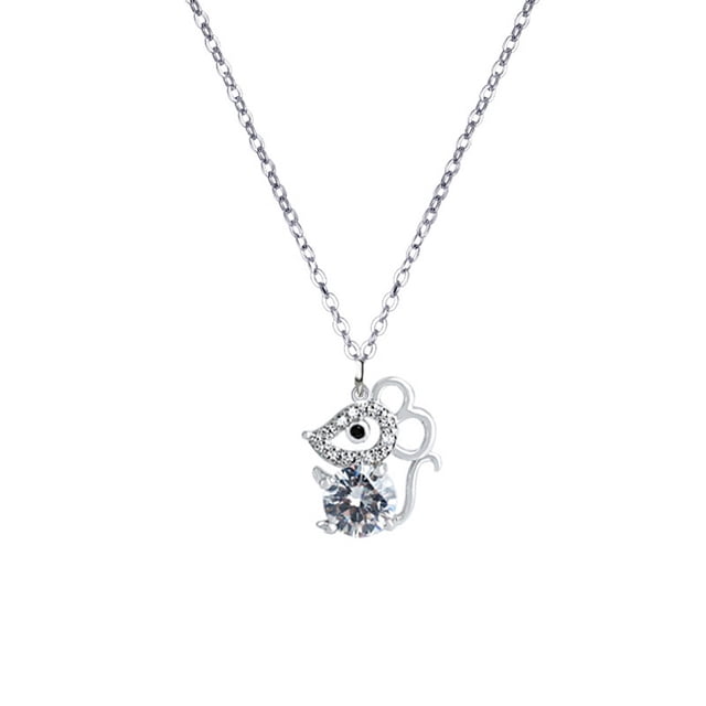 1 collar de plata elegante con cadena de clavícula en forma de ratón, sencillo y moderno, con dije de circonitas a juego para mujer (plata)