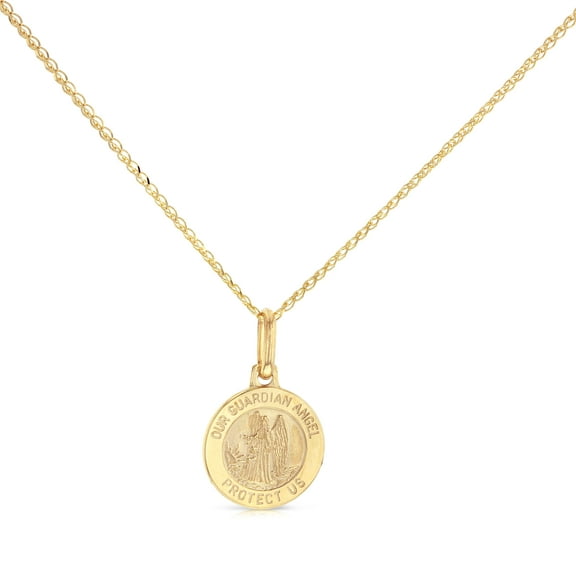 Ioka-14K Yellow Gold Our Guardian Angel Protect Us Charm Pendant with 1.2mm Flat Open Wheat Chain Necklace - 16"